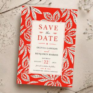 Reserva La Fecha Coral Red Botanical Modern Tropical Elegant Leaf