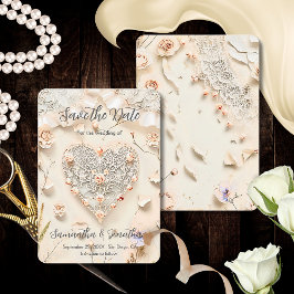 Reserva La Fecha Corazón de encaje de marfil floral romántico prima