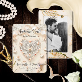 Reserva La Fecha Corazón de Encaje Marfil Foto Floral Romántico Pri