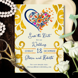 Reserva La Fecha Corazón Floral Colorido Barroco Boda Mexicana