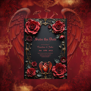Reserva La Fecha Corazón rojo gótico con Rosas - Romántico oscuro