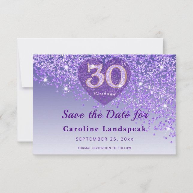 Reserva La Fecha Corazón Vibrante de Cumpleaños 30 Purpura Con Bril (Anverso)