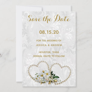 Reserva La Fecha Corazones de perla y damasco de flores para boda S