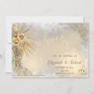 Reserva La Fecha Corazones Dorados Elegantes Flores Boho Salva La F