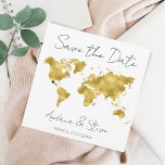 Reserva La Fecha Corazones móviles del mapa mundial de destino Guar<br><div class="desc">Ideal tarjeta moderna "Save the Date" para tu boda de destino. Mapa del Relieve metalizado de oro falso del mundo. Coloca el corazón donde quieras</div>