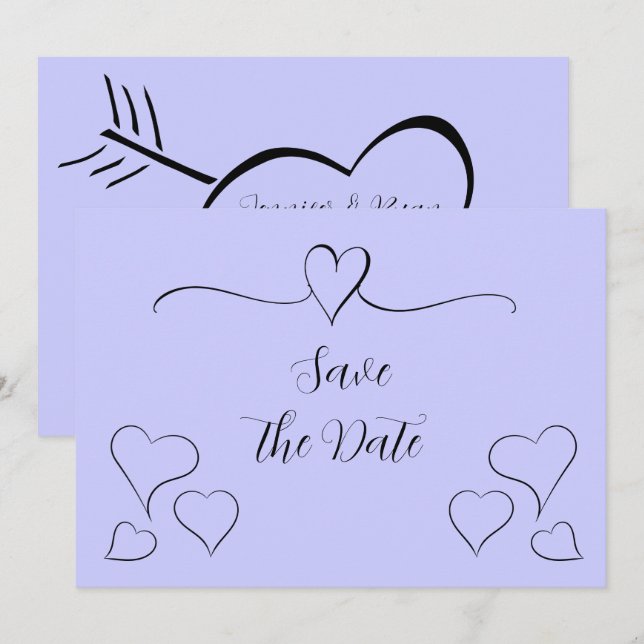 Reserva La Fecha Corazones periwinkle y Black Fancy Calligraphy (Anverso / Reverso)