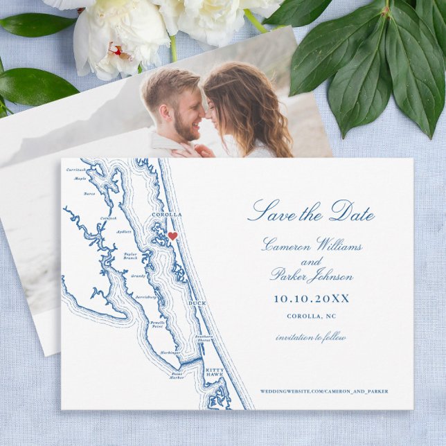 Reserva La Fecha Corolla NC Mapa Elegante Boda Azul Marino (Corolla NC Map Outer Banks Wedding Photo Save The Date in Elegant Navy Blue by Coastal Map Designs)