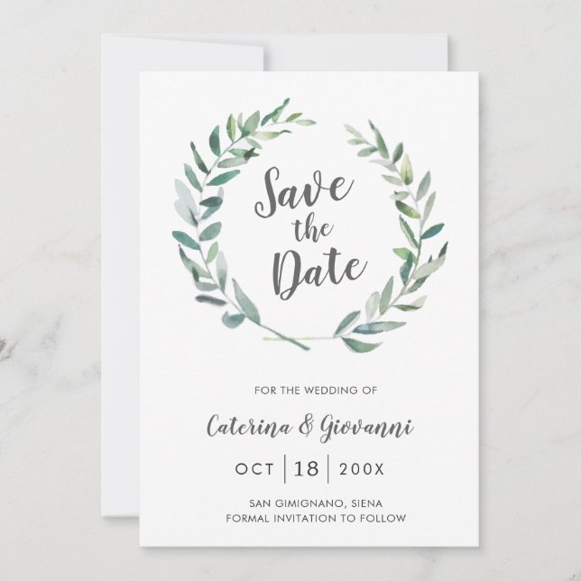 Reserva La Fecha Corona de Verde Rustico Boda Elegante (Anverso)