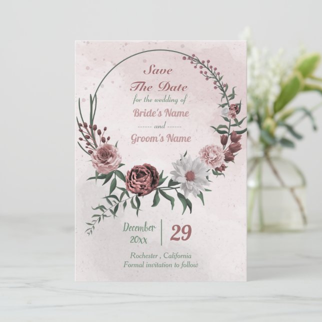 Reserva La Fecha corona floral blanca de canela rosa (Anverso de pie)