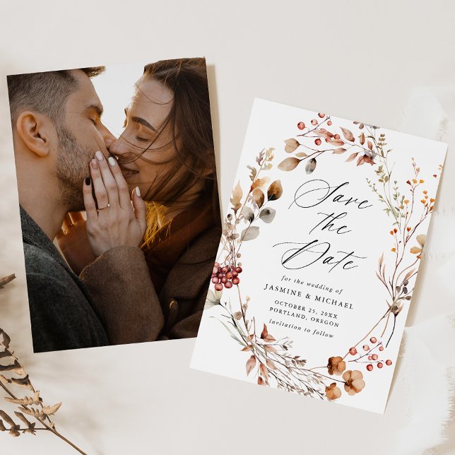 Reserva La Fecha Corona Floral de Otoño Rústico Foto Boda (Subido por el creador)