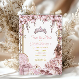 Reserva La Fecha Corona floral de quinceañera de oro y rosa rubor