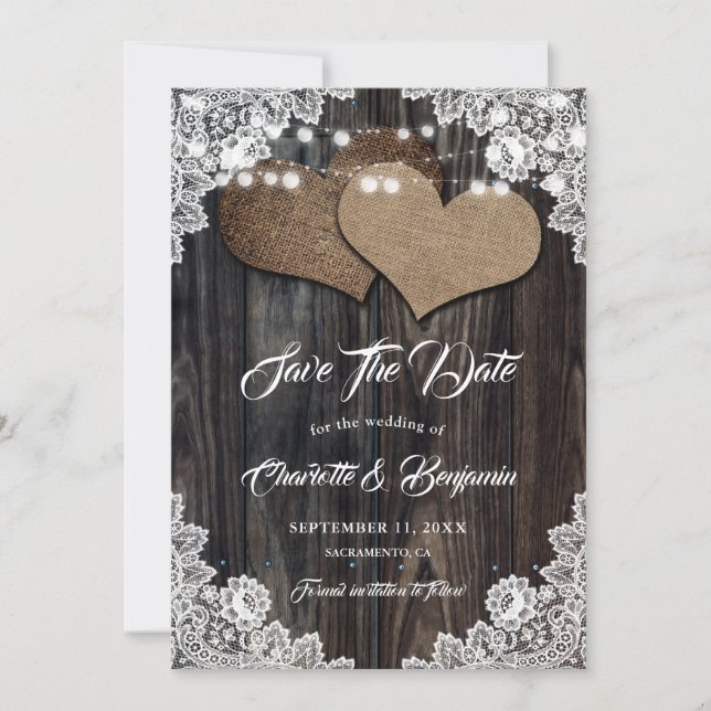 Reserva La Fecha Country Wood Burlap Hearts Floral Lace Boda (Anverso)