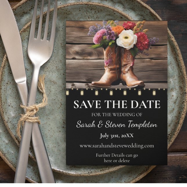 Reserva La Fecha Cowboy Occidental boots Floral Elegante Mason Jar (Western Cowboy Boots Floral Elegant Country Farm Save the Date and Invitation Suite)