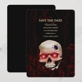 Reserva La Fecha Cráneo Gótico Floral Rojo Negro – Halloween Oscuro