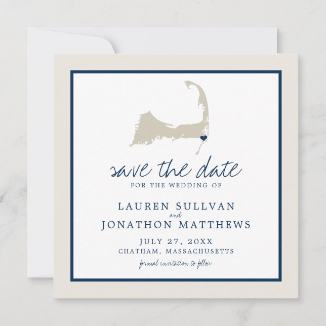 Reserva La Fecha Cream Blue Cape Cod Map Wedding Save the Date (Anverso)