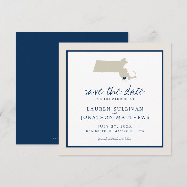 Reserva La Fecha Cream Blue Massachusetts Map Wedding Save the Date (Anverso / Reverso)