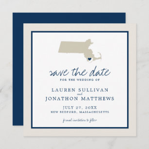 Reserva La Fecha Cream Blue Massachusetts Map Wedding Save the Date