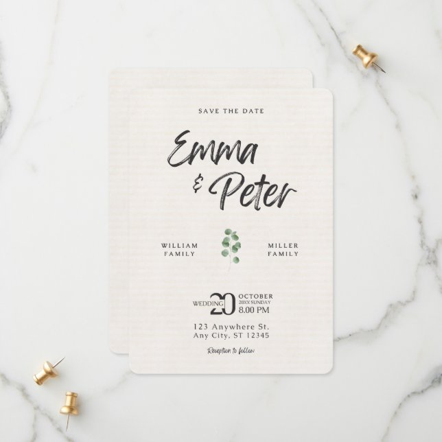 Reserva La Fecha Cream Green Leafed Modern Save the Date Card (Anverso/Reverso In Situ)