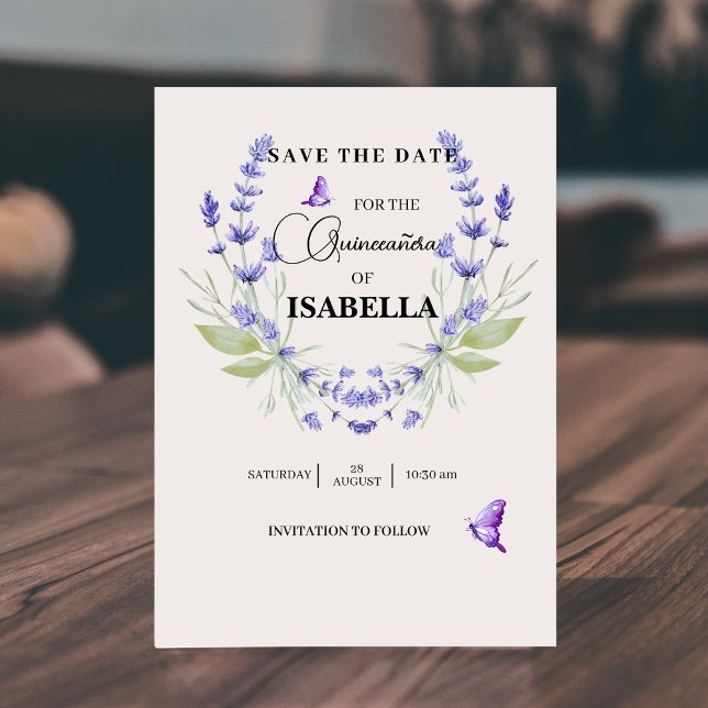 Reserva La Fecha Crema de moda y lavanda Quinceañera púrpura (Subido por el creador)