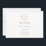 Reserva La Fecha Crest Barroco | Boda de Monograma<br><div class="desc">Los detalles del ornamento barroco dan a esta invitación de boda una fecha de guardado un sabor antiguo que es de naturaleza romántica y nostálgica. Los colores incluyen amarillo dorado, bronceado y marrón intenso. La parte trasera tiene un hermoso patrón coordinado. Personalice esta invitación con sus iniciales dentro del escudo...</div>