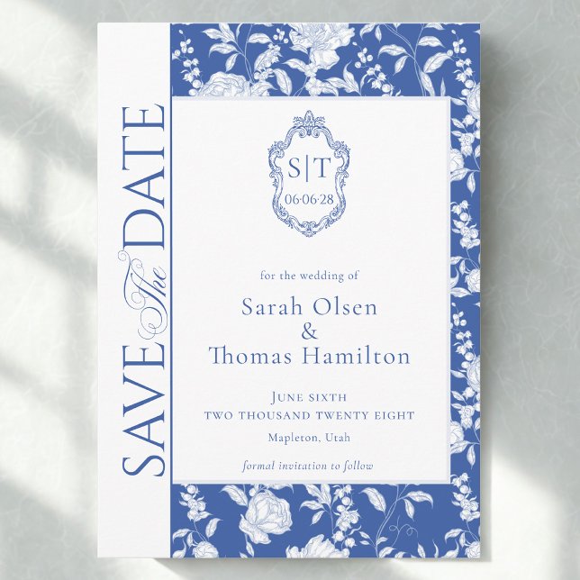 Reserva La Fecha Crest de Boda Floral Chinoiserie Azul (Subido por el creador)