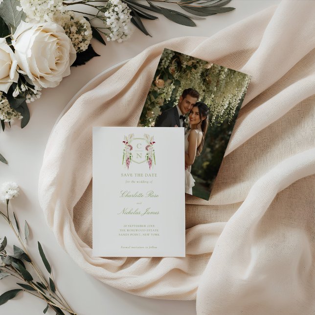 Reserva La Fecha Crest de Monograma Floral en Cascada para Boda (Subido por el creador)