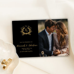Reserva La Fecha Crest de Monograma Foto de Boda Negro/Dorado