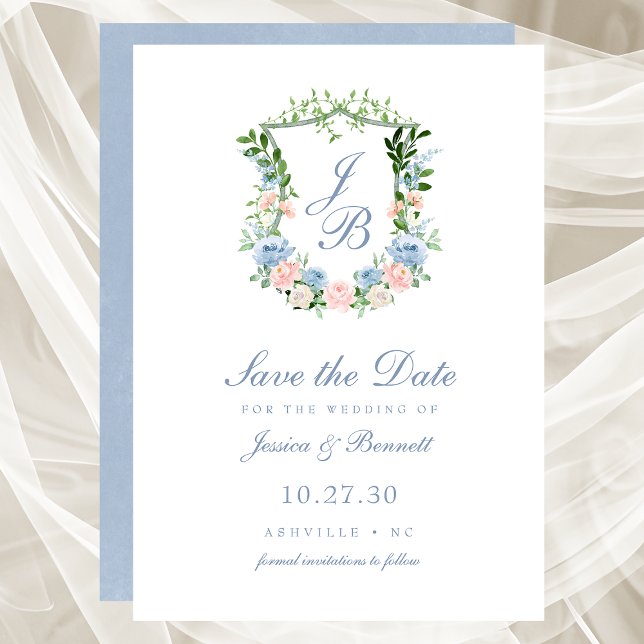 Reserva La Fecha Crest Floral Azul Polvoriento para Aviso de Boda (Subido por el creador)