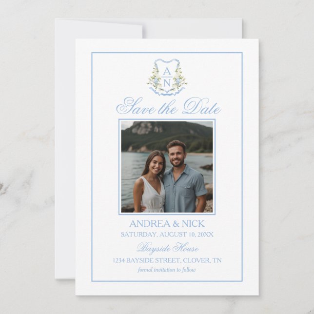 Reserva La Fecha Crest Monograma Código QR Hortensia Azul (Anverso)