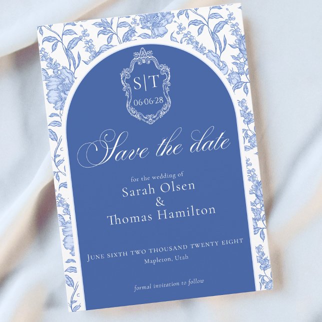 Reserva La Fecha Crest Monograma Delft Azul Floral Script (Subido por el creador)