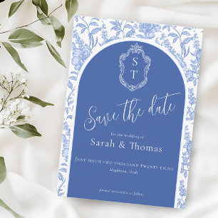 Reserva La Fecha Crest Monograma Delft Azul Floral Script
