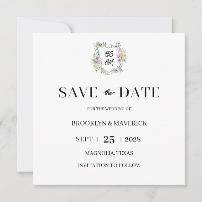 Reserva La Fecha Crest Monograma Floral Formal Boda (Anverso)