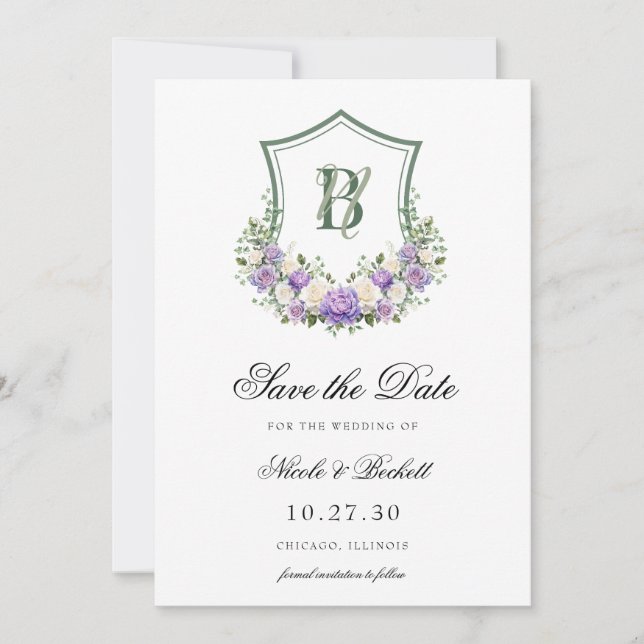 Reserva La Fecha Cresta Floral Blanca Púrpura Cresta de Boda (Anverso)