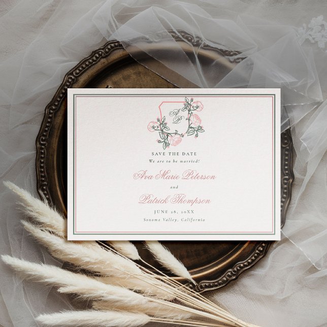 Reserva La Fecha Cresta Formal de Rosas Silvestres Elegante Rosa Bo (formal wedding save the date modern classic traditional wild roses floral crest pink green preppy)