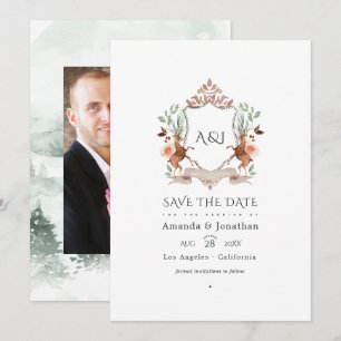 Reserva La Fecha Cresta Monograma de Laurel Bosque Foto de Boda