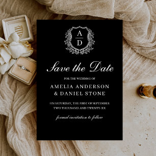 Reserva La Fecha Crestón Formal de Hojas Monograma Negro Blanco Bod