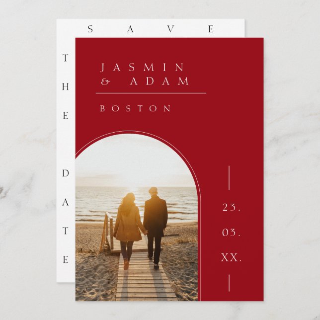 Reserva La Fecha Crimson Red White Simple Photo Boda (Anverso / Reverso)