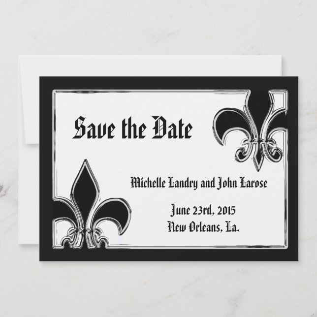 Reserva La Fecha Cromo negro y blanco Fleur de Lis Save the Date (Anverso)