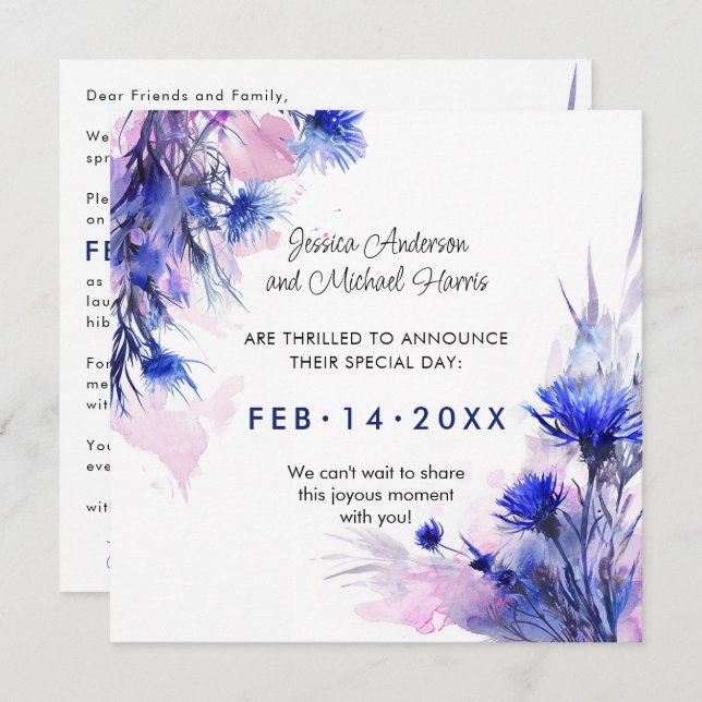 Reserva La Fecha Cuadrado con texto en la parte posterior de la mir (Anverso / Reverso)