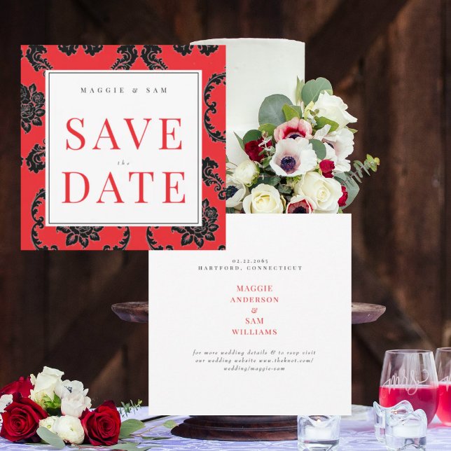 Reserva La Fecha Cuadrado Rojo & Negro Damask Save the Date Boda  (Subido por el creador)