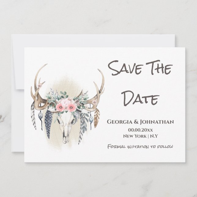 Reserva La Fecha Cuerno de ciervo verde rosa boho atrapasueños trib (Anverso)