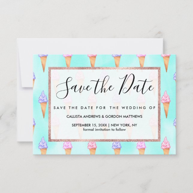 Reserva La Fecha Cuidada Morada Rosa Verano Helado Crema Cones Agua (Anverso)