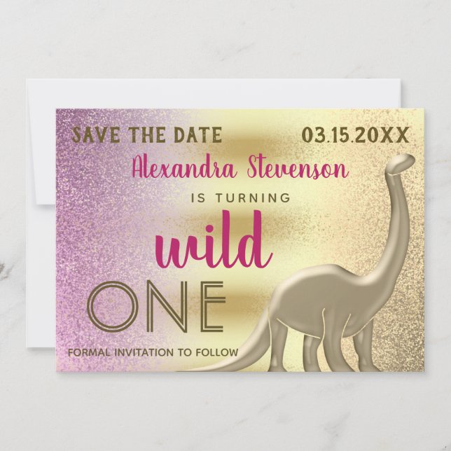 Reserva La Fecha Cumpleaños 1 Glitter Rosa y Dorado Dinosaurio Salv (Anverso)