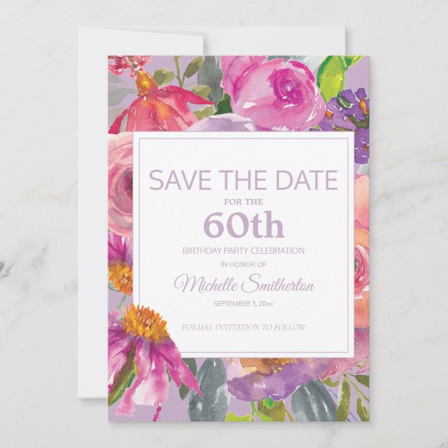 Reserva La Fecha Cumpleaños 60 Morado Rosa Floral Guardar Fecha (Anverso)