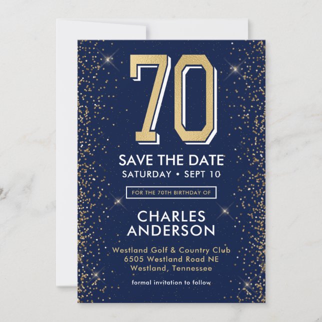 Reserva La Fecha Cumpleaños 70 Moderno Navy Azul (Anverso)
