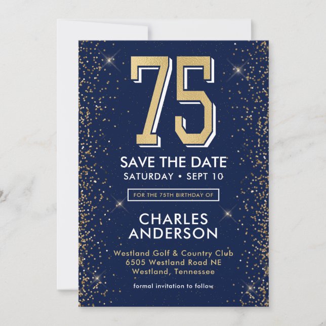 Reserva La Fecha Cumpleaños 75 Moderno Navy Azul (Anverso)
