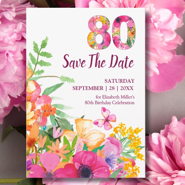 Reserva La Fecha Cumpleaños 80 elegante flores de mariposa rosa (Subido por el creador)