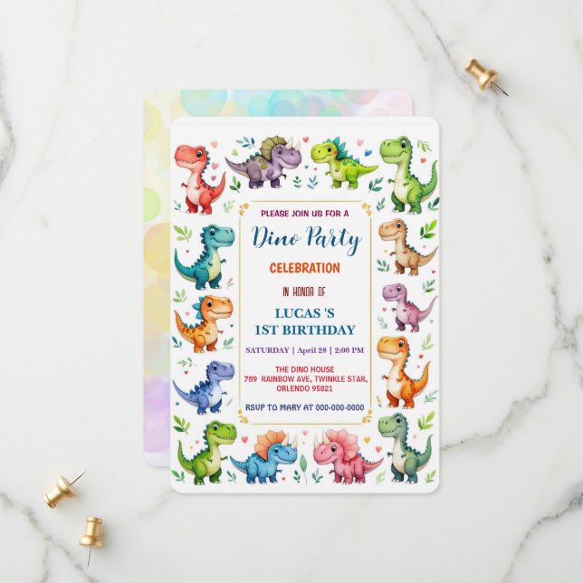 Reserva La Fecha Cumpleaños bebé dinosaurios lindos DIno 1er cumple (Anverso/Reverso In Situ)