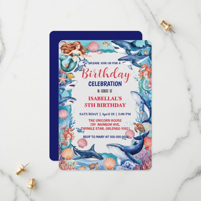 Reserva La Fecha cumpleaños de tiburón de ballena de sirena azul (Anverso/Reverso In Situ)