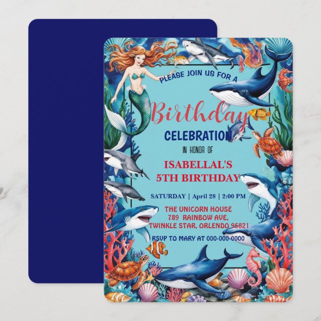 Reserva La Fecha cumpleaños de tiburón de ballena de sirena azul (Anverso / Reverso)